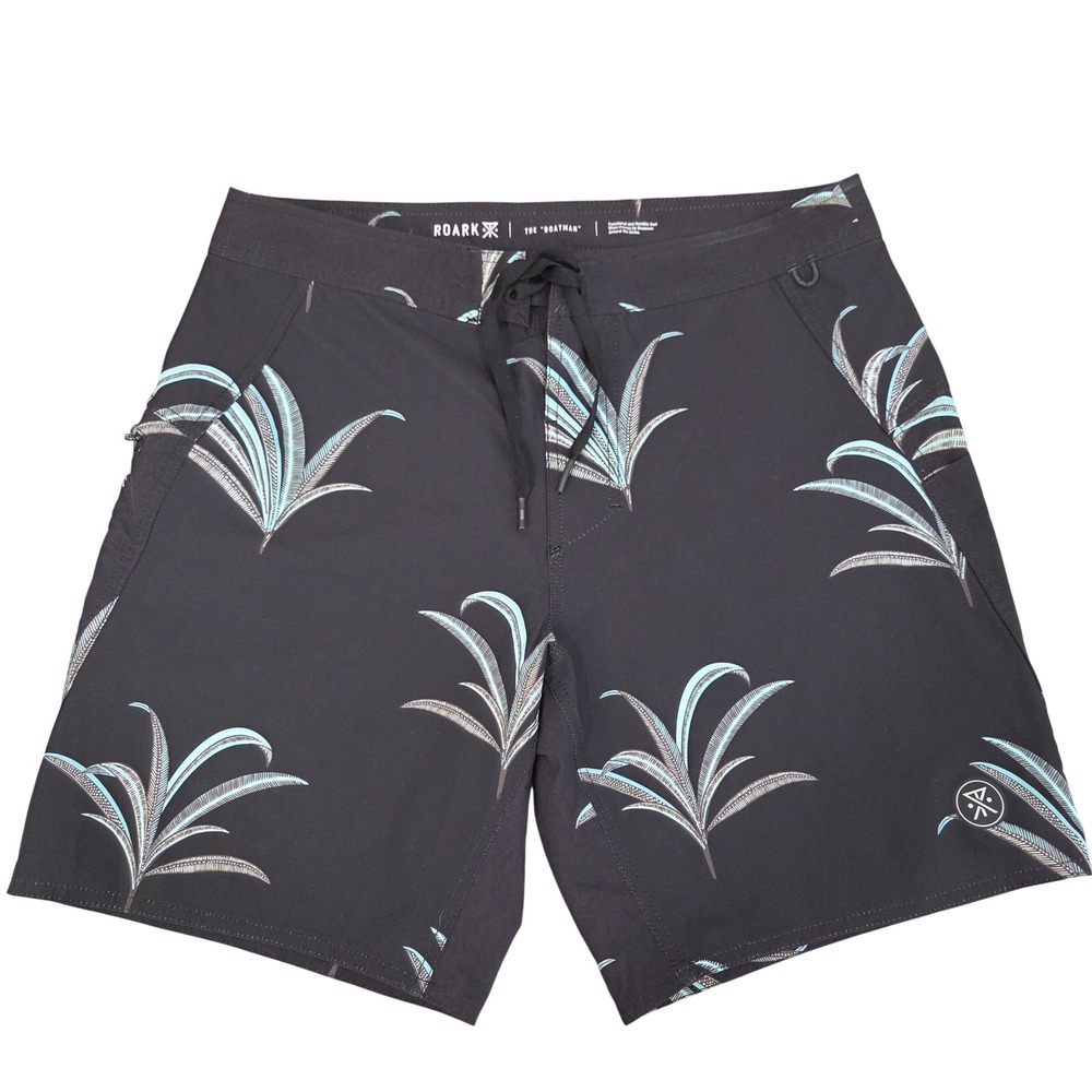 Roark The Boatman Board Shorts Mens 31 Black Palm Print Surf Swim Trunks